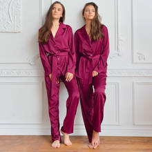 Hiloc pijamas de cetim para mulher pijamas de seda cor pura manga longa conjunto de duas peças com faixas rosa vermelho conjunto de roupas 2021 primavera 2024 - compre barato