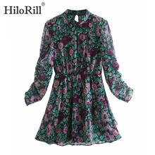HiloRill Chic Hollow Out Mini Dress Boho Floral Print Chiffon Party Dress Pleated Sleeve Ruffles Dress Women Sundress Vestidos 2024 - buy cheap