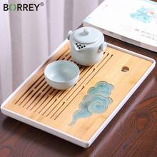 Bandeja de chá borrey, bandeja de madeira chinesa para drenagem de água para chá kung fu, bule de café, armazenamento de talheres, bandeja de servir 2024 - compre barato