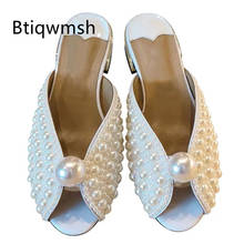 2020 Handmade White Pearl Slippers Women Peep Toe Rhinestone Flat Shoes Woman Sexy Mules Sandals 2024 - buy cheap