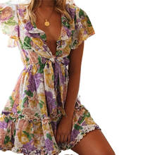Vestido corto bohemio de verano para mujer, minivestido Floral con volantes, manga corta y cuello de pico, para vacaciones y Playa 2024 - compra barato