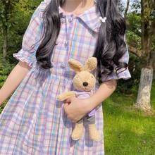 Милое клетчатое платье в японском стиле для женщин, летнее корейское милое двубортное платье лолиты с кукольным воротником в стиле Лолиты Mori Girl 2024 - купить недорого