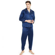 Novo pijama de seda para homem 100% seda de manga comprida sleepwear primavera verão manga longa completa de duas peças azul sólido l xl xxl 2024 - compre barato