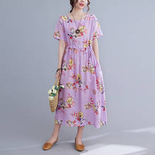 2021 Summer Slim Waist  Ethnic Style  Print Short-Sleeve  Soft Cotton Holiday  Women Casual  Long Lady Dress 2024 - buy cheap