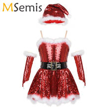 Балетное трико для девочек; платье; Рождественский танцевальный костюм Санта-Клауса с блестками; фигурный Скейтер со льдом; платье для катания на коньках с шапкой и рукавами 2024 - купить недорого