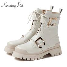 Krazing pot genuine leather French romance round toe med heels rhinestone metal buckle winter season lace up mid-calf boots L84 2024 - buy cheap