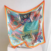 90cm Silk Scarf Women Floral Bag Print Manual Hand Square Scarves Spain Echarpes Foulards Femme Wrap Bandana Small Hijab 2024 - buy cheap