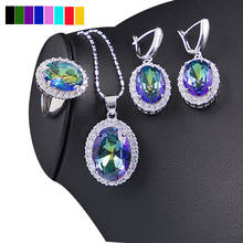 Conjuntos de joias clássicas femininas, prata 925, arco-íris azul, safira, topázio, ametista, morganite, colar, brincos 2024 - compre barato