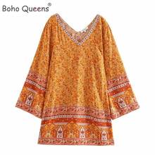 Boho Queens Vintage Chic Women Floral Print Beach Bohemian Mini Dress Ladies Deep V-neck Rayon Cotton Vestidos 2024 - buy cheap