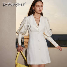 TWOTWINSTYLE Elegant White Mini Dress For Women V Neck Lantern Long Sleeve High Waist Slim Dresses Female Spring New Fashion 2024 - buy cheap