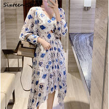2020 Autumn V-neck Chiffon Printed Dress Woman Lantern Sleeve irregular maxi vestido elegant hollow out runway dress female new 2024 - buy cheap