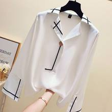 Blusa informal holgada de chifón para mujer, camisa de manga larga con cuello en V, color blanco, para oficina 2024 - compra barato