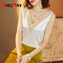 Blusa de seda coreana para mujer, camisa de satén con encaje bordado, cuello en V, elástica 2024 - compra barato