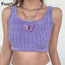 Lusofie Purple Sexy Butterfly Print Tank top Women's Casual Slim Short tanks top Open Back Basic Camisole Fashion High Street 2024 - buy cheap