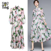 Tingfly Vintage Elegant Flower Print Flowy Chiffon Midi Long Dress Party Dresses A Line Summer Casual Elbise Robes High Waist 2024 - buy cheap