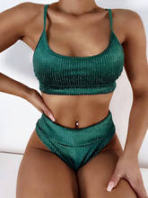 Biquíni de cintura alta feminino 2021, verde veludo, cor sólida, duas peças simples 2024 - compre barato