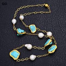 GuaiGuai Jewelry 32" Natural White Keshi Pearl Blue Turquoise Stone Yellow Gold Color Plated Long Necklace For Women 2024 - buy cheap