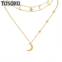 TOSOKO-Collar de doble capa para mujer, joyería de acero inoxidable, colgante romántico de luna y estrella, cadena de clavícula, BSP896 2024 - compra barato