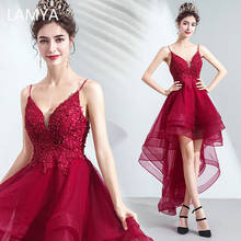 Кружевные вечерние платья Lamya с аппликацией, Высокие Низкие вечерние платья с V-образным вырезом, на тонких бретельках, платье для вечеринки, короткое, спереди, длинное, сзади 2024 - купить недорого