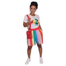 Echoine Women Summer Fashion Colorful Lip print shorts Rainbow Stripe Shorts Sleeve T-shirt Suit Two Piece Set With Pockets 2024 - buy cheap