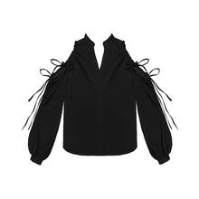 Женская укороченная черная блузка с открытыми плечами на шнуровке, женские черные сексуальные короткие черные свободные топы с v-образным вырезом, стильная уличная одежда в стиле панк-рок для девочек 2024 - купить недорого