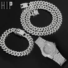 Colar de 12mm + relógio de guirlanda + pulseira, corrente cubana, de strass, ostentação, joia masculina 2024 - compre barato