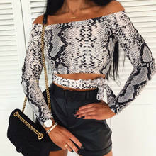 2019 Fashion Trend Women Ladies Off Shoulder Slash Neck Snake Skin Printed Long Sleeve Crop Tops Autumn New Sexy T-shirts Tees 2024 - buy cheap