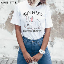 AMEITTE New Bunnies Before Beauty Print T-Shirt Summer Women Short Sleeve I Love Rabbit Design Casual Tops Cute Girl White Tees 2024 - buy cheap