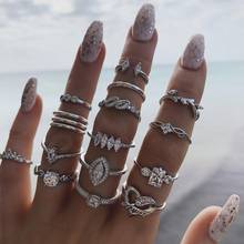 Conjunto de 15 unids/set de anillos geométricos huecos para mujer, joyería Bohemia con diamantes de imitación, Color plateado, regalo de fiesta 2024 - compra barato