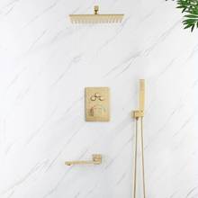 Conjunto torneira do chuveiro do banheiro escondido termostática torneira da banheira conjunto escova de ouro latão quadrado chuvas estilo fixado na parede 2024 - compre barato