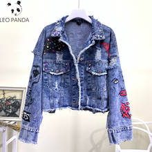 2020 spring autumn new jeans jacket heavy embroidery letters doodles personality raw edge hole pin short denim jacket 2024 - buy cheap