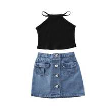 Toddler Kids Baby Fashion Outfits Clothes Set Black Vest Tank Top & Denim Mini Skirts 2PCS Outfit 1-6Y 2024 - buy cheap