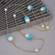 GuaiGuai Jewelry 43" White Keshi Pearl Blue Crystal Pave Chain Long Necklace 2024 - buy cheap