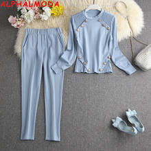 ALPHALMODA 2021 Spring New Button Details Slim Fit Ladies Fashion Tracksuit Long Sleeved Solid Color Quality Clothes Trouser Set 2024 - buy cheap