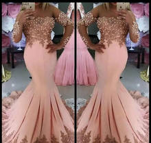2019 Cheap Pink Prom Dress Mermaid Off Shoulder Long Sleeves Formal Holidays Wear Graduation Evening Party Gown Plus Size 2024 - buy cheap