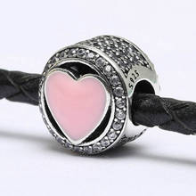 Cuentas S925 auténticas, joyería artesanal, amuletos de amor maravilloso, apto para pulsera de mujer, brazalete, corazón de esmalte rosa 2024 - compra barato