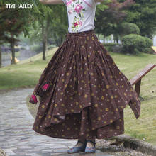 TIYIHAILEY Free Shipping 2021 New Long Maxi A-line Elastic Waist Women Cotton Linen Print Flower Irregular Brown Skirts 2024 - buy cheap