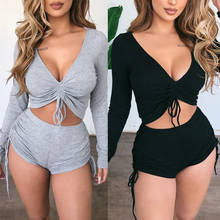 Autumn Gray Crop Top Woman Shorts 2 Piece Sets Womens Outfits Sexy Ruched Lace Up Tops Drawstring Shorts Tracksuit Matching Sets 2024 - buy cheap