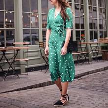Women's V-neck Short Sleeve Midi Dress Polka Dot Print Sexy Green Long Wrap Dresses With Sashes New 2024 - buy cheap