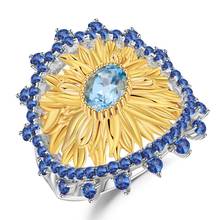 Anel de girassol vintage, prata esterlina 925, feminino, topázio azul suíço natural, joia de luxo 2024 - compre barato