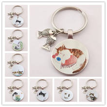 nordic hand-painted cartoon simple small fresh watercolor kitty cat cat fish charm glass keychain men and women jewelry gift 2024 - buy cheap