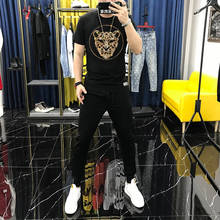 Корейский хип-хоп Свободный леопардовый дизайн мужская футболка с коротким рукавом Весна-Лето Повседневный Спортивный костюм брендовый горячий бриллиант 2024 - купить недорого