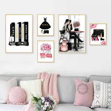 Vogue Girl Pink Lady Dress Surfing Wall Art Canvas Painting Nordic Posters And Prints Wall Pictures For Living Room Salon Decor 2024 - buy cheap