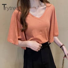 Trytree-Camiseta informal de verano para mujer, Camiseta con cuello en V, manga de mariposa de 3 colores, holgada, estilo multiusos, Tops 2024 - compra barato