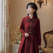 Inverno vintage hepburn vestido feminino manga longa turn-down colarinho pérola arco vermelho a linha vestido com cinto s223 2024 - compre barato
