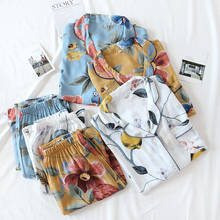 Women Summer Pajamas Thin Long-sleeved Sleepwear Rayon Print Loungewear Two Piece Set Loose Satin Pijama Mujer Home Clothes 2021 2024 - buy cheap