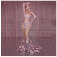 Прозрачная длинное платье с розовыми цветочками 3D с фатиновой юбкой и рисунком стрейч на день рождения, вечерние платья для женщин, для певицы, костюм для выступлений 2024 - купить недорого