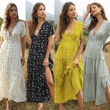 Boho Maxi Dress Women Retro Floral Print Short Sleeve V neck High waist Dresses Female Summer Beach Long Dress Ladies Vestidos 2024 - buy cheap
