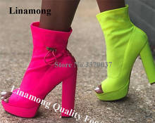 Linamong Newest Fashion Peep Toe High Platform Chunky Heel Short Boots Neon Yellow Pink Stretch Lycra Fabric Elastic Ankle Boots 2024 - buy cheap