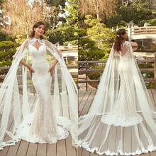 2021 Wedding Dresses with Wrap Sexy V Neck Lace Appliques Mermaid Bridal Gowns Custom Made Backless Sweep Train Wedding Dress 2024 - buy cheap